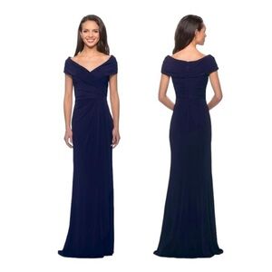 LA FEMME 26519 Ruched Jersey Formal Evening Column Navy Blue Size 2 NWT